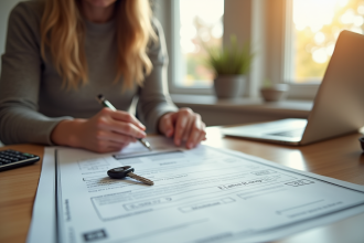 Jeune adulte vérifiant documents de prêt auto à la maison