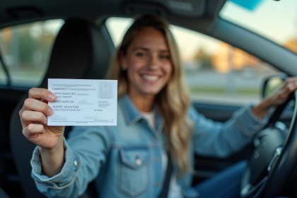 Jeune adulte souriant tenant son permis de conduire dans une voiture d'auto école