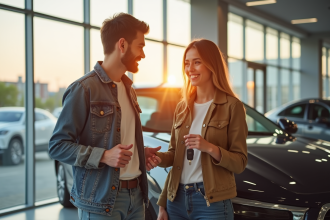 Jeune couple souriant avec une voiture neuve dans un concessionnaire