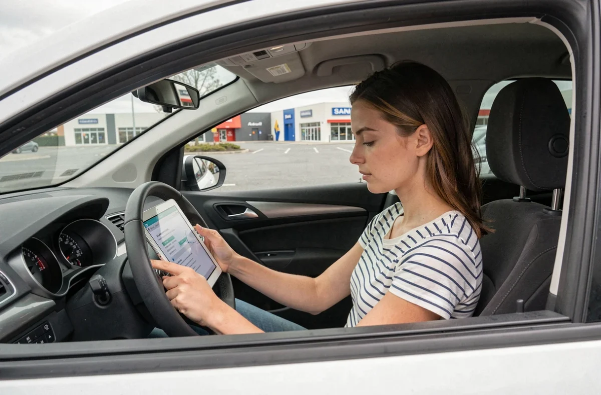 Jeune femme remplissant un formulaire d'assurance auto en ligne depuis sa voiture à Pau
