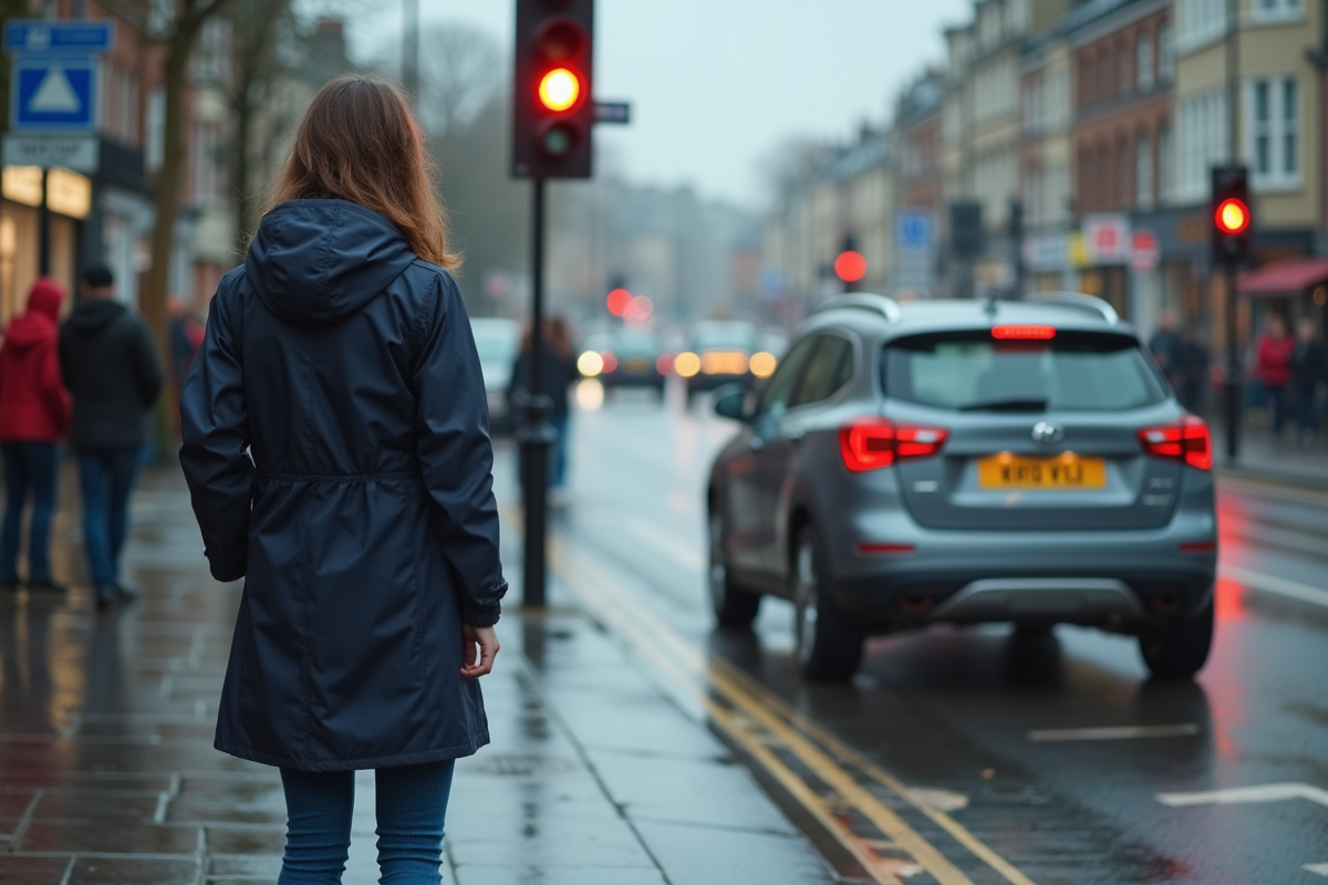 Jeune femme en pluie observant une voiture au feu rouge