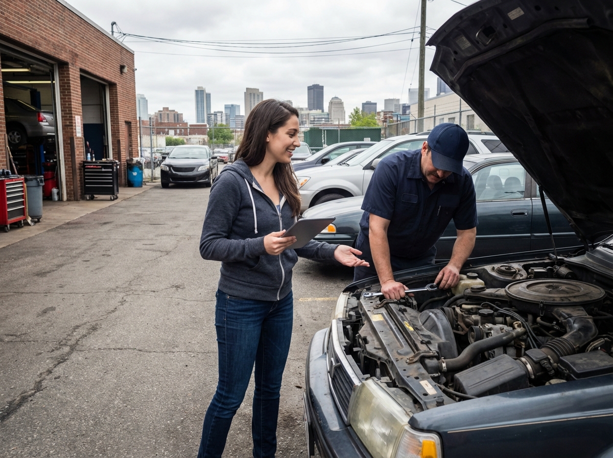 Jeune femme discutant avec un mécanicien à l