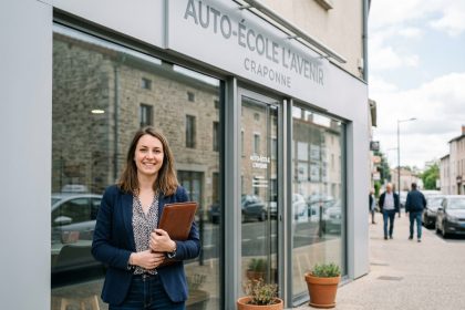 Jeune femme souriante devant une autoecole à Craponne