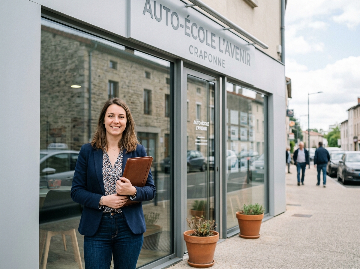 Jeune femme souriante devant une autoecole à Craponne