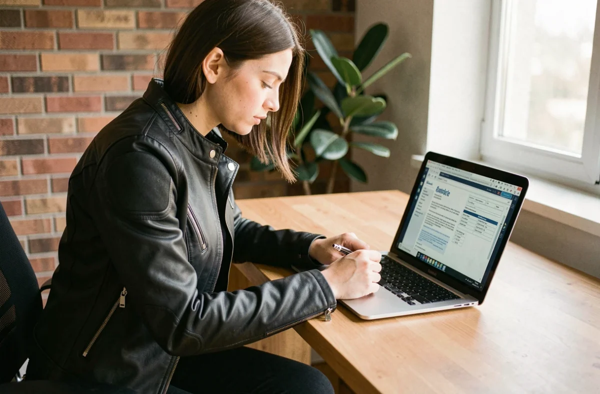 Jeune femme motarde étudiant un contrat d'assurance moto sur son ordinateur portable