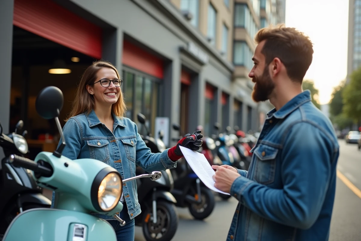 Jeune femme discutant avec technicien à côté de sa moto urbaine