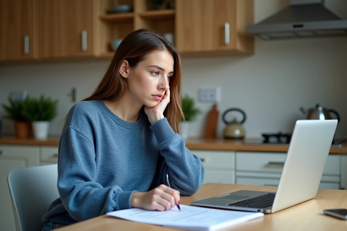 Jeune femme concentrée à la maison avec PDF de permis