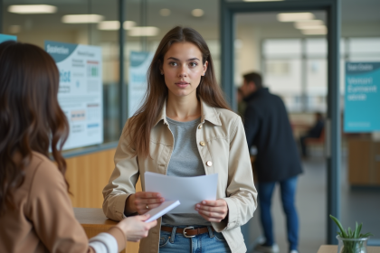 Jeune femme à la mairie française remettant des documents