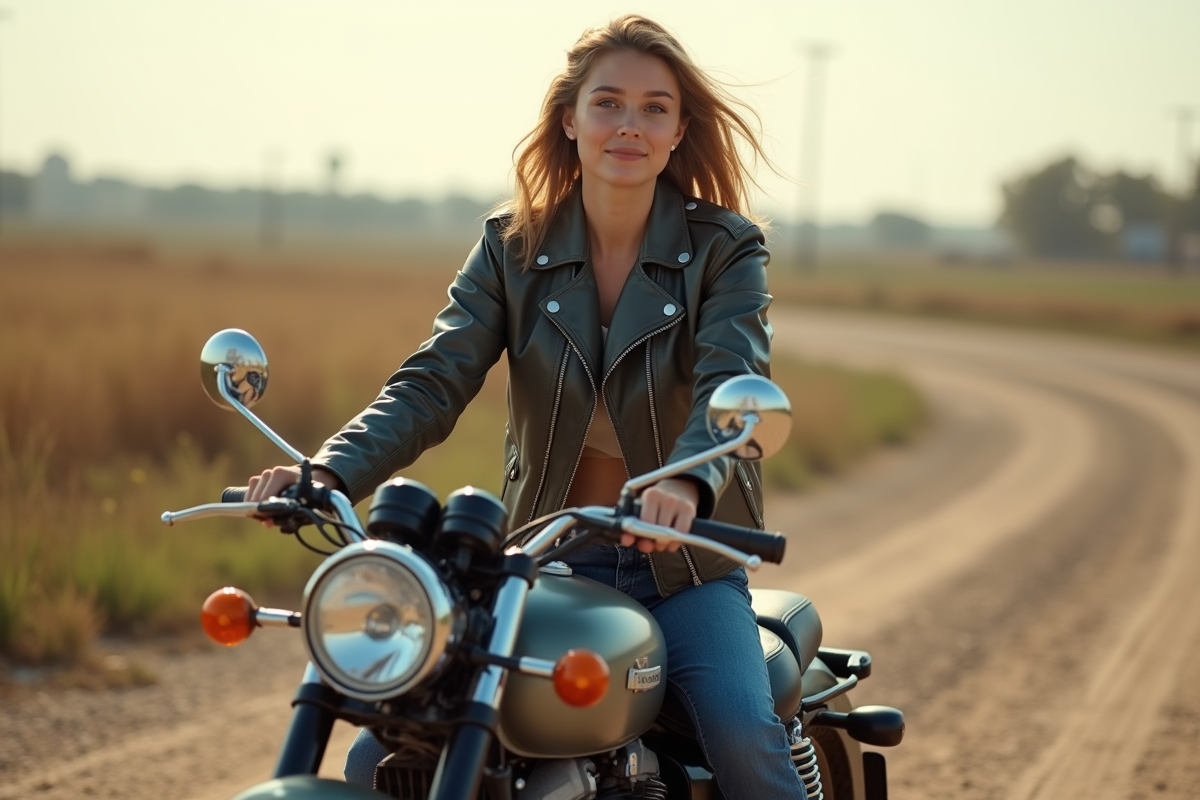 Jeune femme en train de monter une moto en campagne