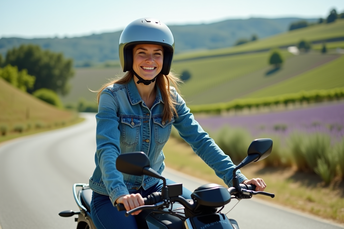 Jeune femme en moto électrique dans la campagne provençale