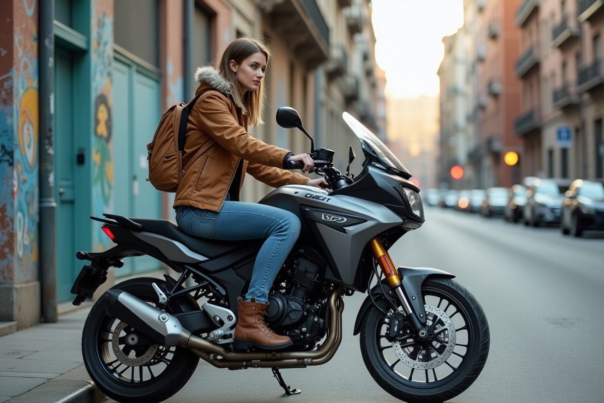 Jeune femme urbaine en équipement sur une moto moderne en ville
