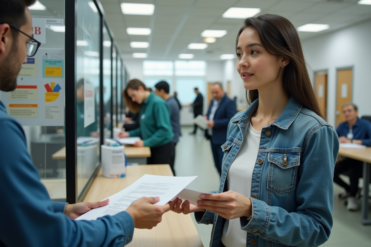 Jeune femme remettant des papiers à un agent au guichet