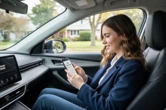 Jeune femme dans sa voiture utilisant son smartphone pour assurance