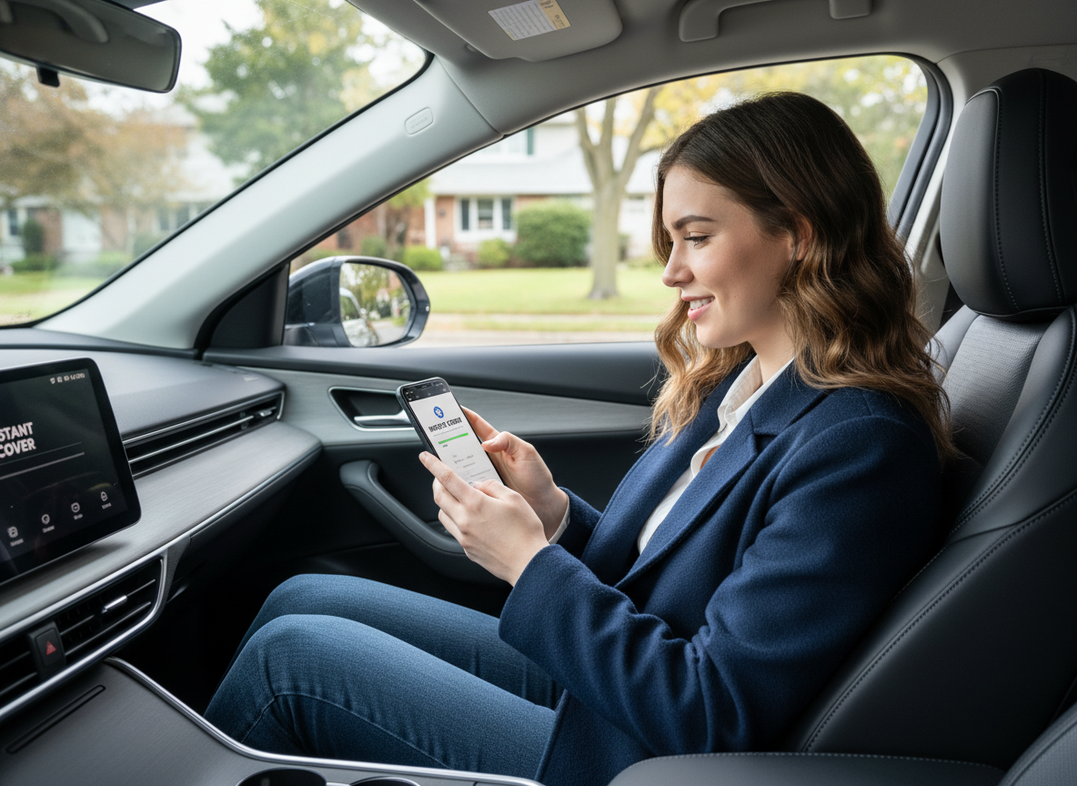 Jeune femme dans sa voiture utilisant son smartphone pour assurance