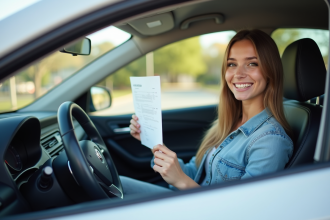 Jeune femme souriante dans sa voiture en station essence