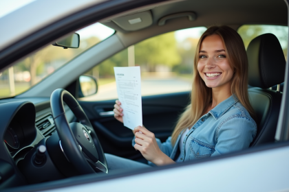 Jeune femme souriante dans sa voiture en station essence