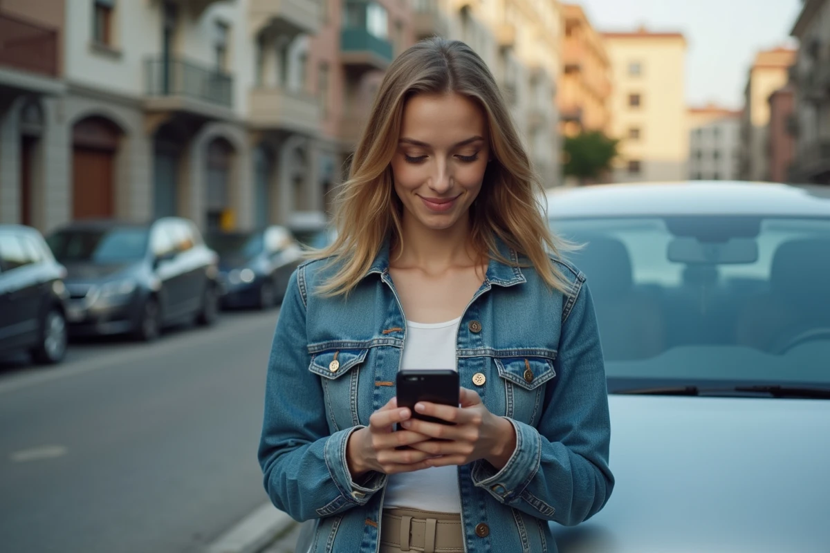 Jeune femme avec téléphone près d