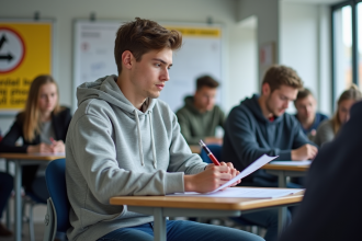 Jeune homme en classe de conduite moto en train de lire un livret