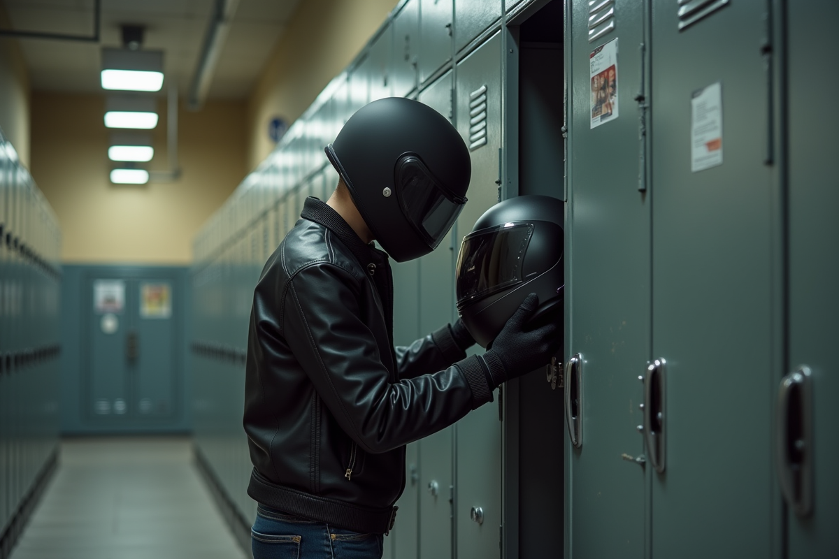 Jeune homme en jeans et blouson cuir range son casque dans un vestiaire