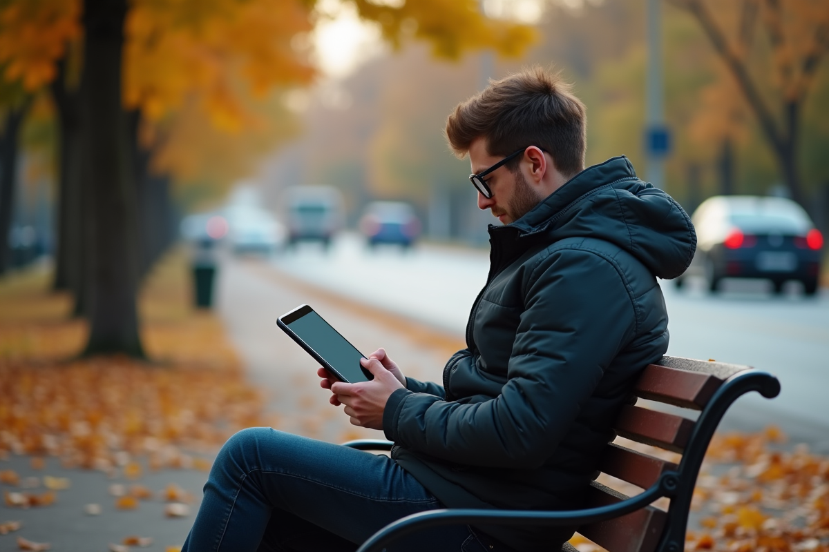 Jeune homme lisant forum automobile sur un banc dans un parc