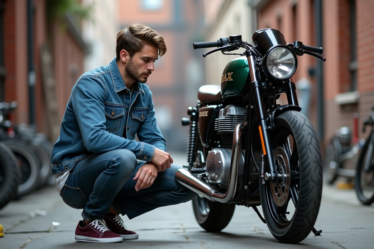 Jeune homme en denim ajusté avec moto Dax customisée