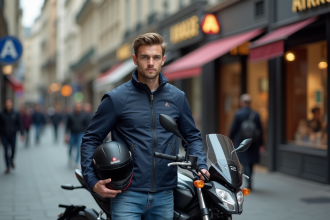 Jeune homme avec casque et moto en ville en France