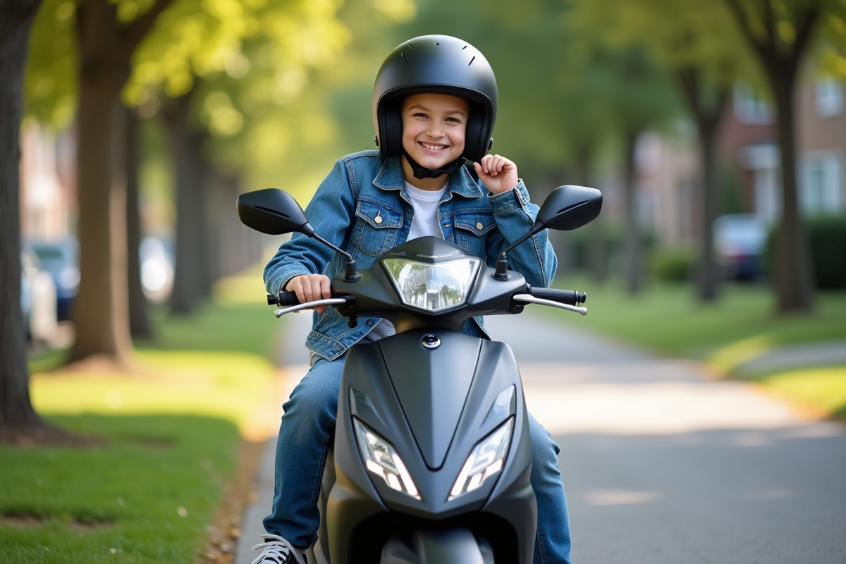 Jeune garçon souriant avec casque et moto 50cc
