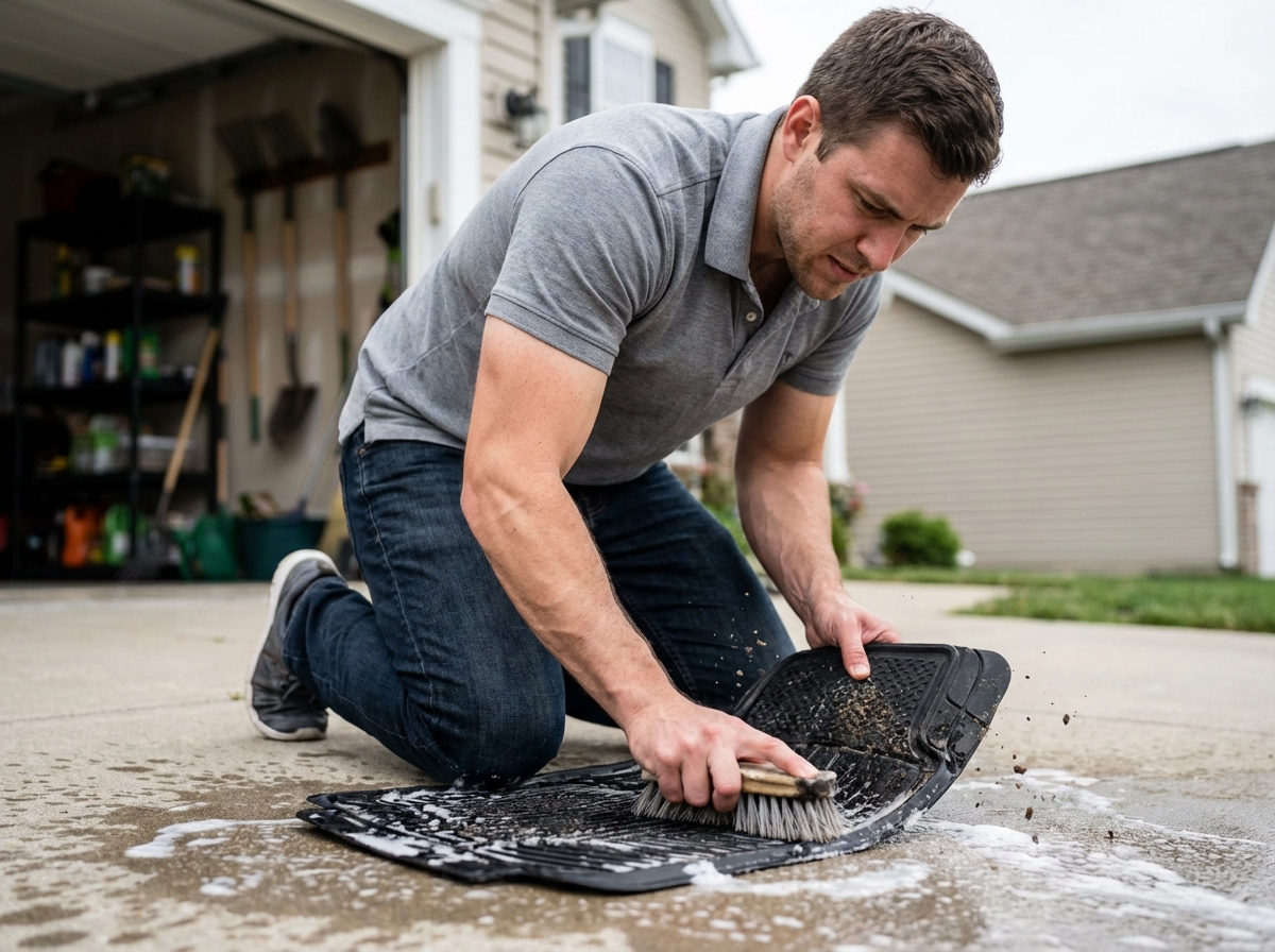 Jeune homme nettoyant un tapis de voiture en extérieur