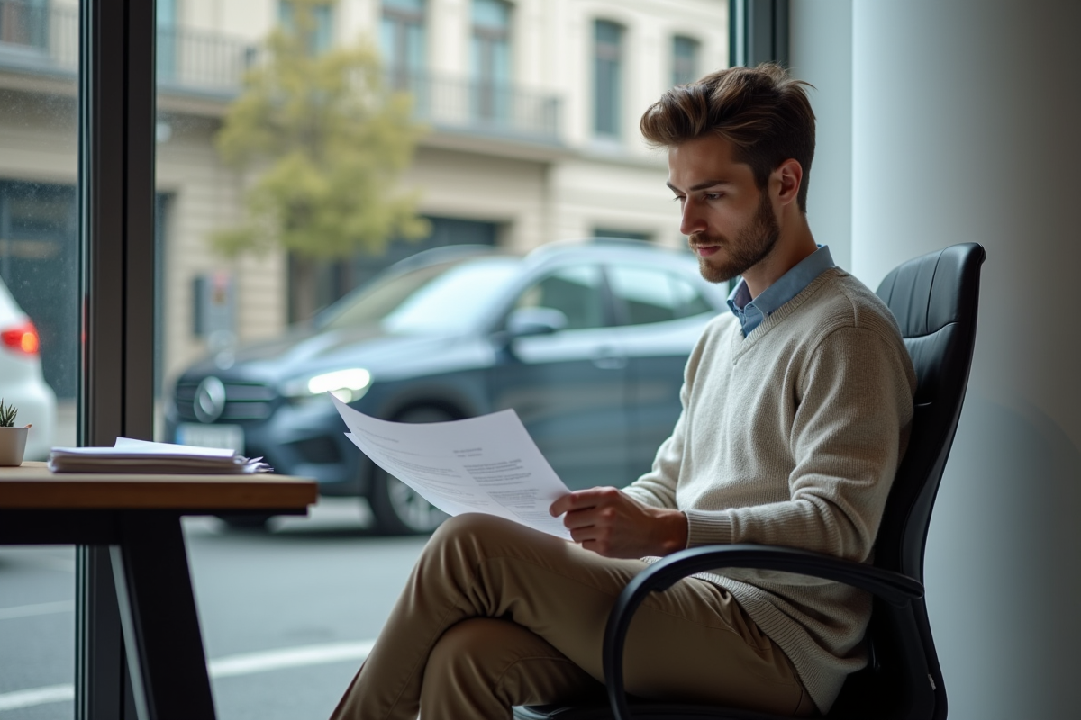 Jeune homme dans un bureau avec voiture visible par la fenêtre