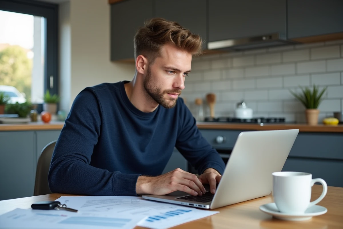 Jeune homme en cuisine avec documents et ordinateur