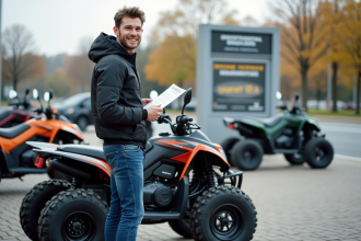 Jeune homme souriant avec licence quad et Yamaha 350 Raptor