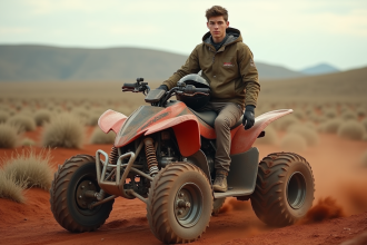 Jeune homme avec casque et moto tout-terrain