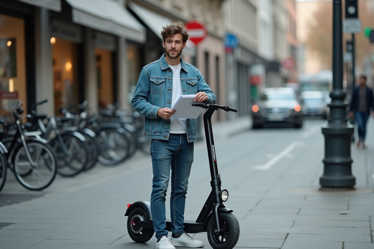 Jeune homme avec documents et scooter électrique en ville