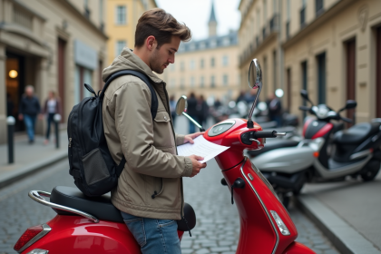 Jeune homme remplissant papiers d'assurance près de son scooter