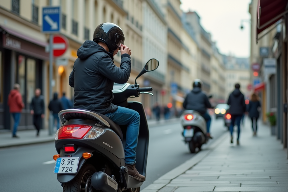 Jeune homme ajustant le miroir d'un scooter à Paris