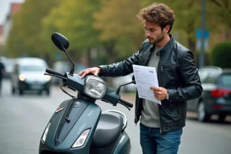 Jeune homme avec scooter en ville tenant un document