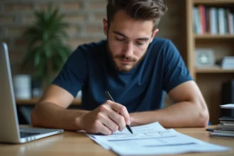 Jeune homme étudiant un formulaire de vérification de permis PDF à son bureau à domicile
