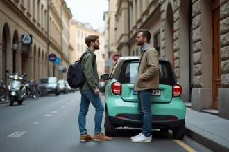 Jeune homme debout à côté d'une petite voiture verte en ville