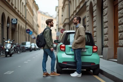 Jeune homme debout à côté d'une petite voiture verte en ville