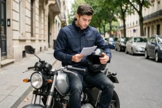 Jeune conducteur de moto tenant ses documents d'assurance devant sa moto en milieu urbain
