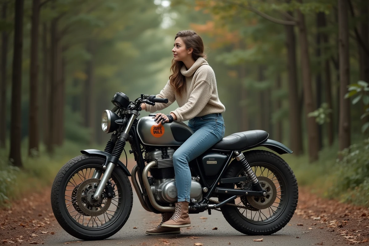 Jeune femme en moto dans la nature au bord de la route