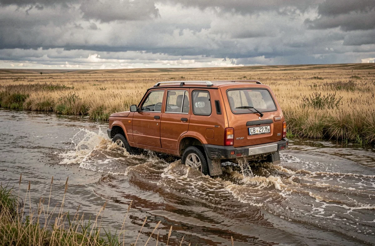 Lada Niva 2026 traversant une rivière boueuse dans la steppe sibérienne lors d'un test en conditions extrêmes