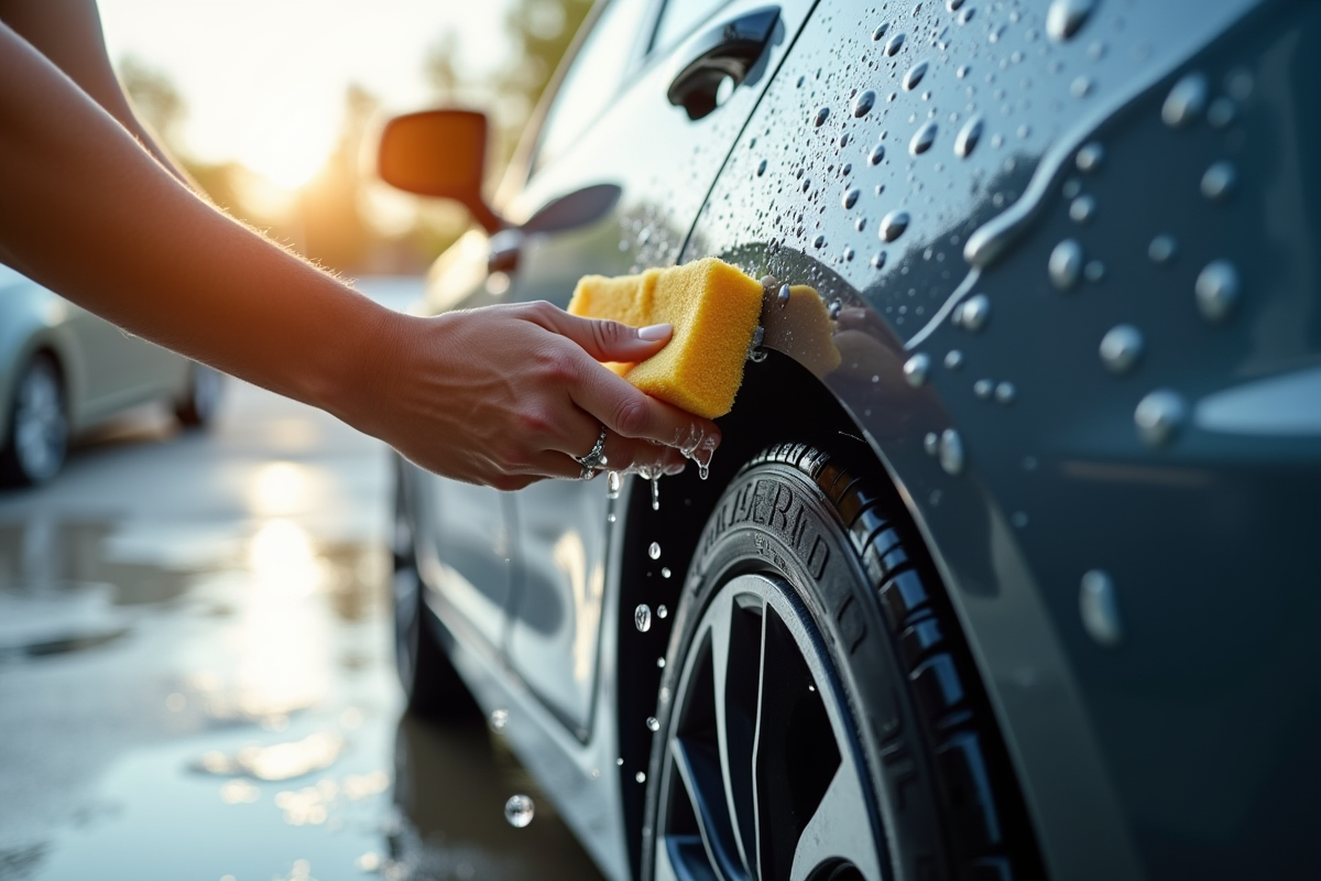 Voiture moderne en cours de lavage à la main sous le soleil