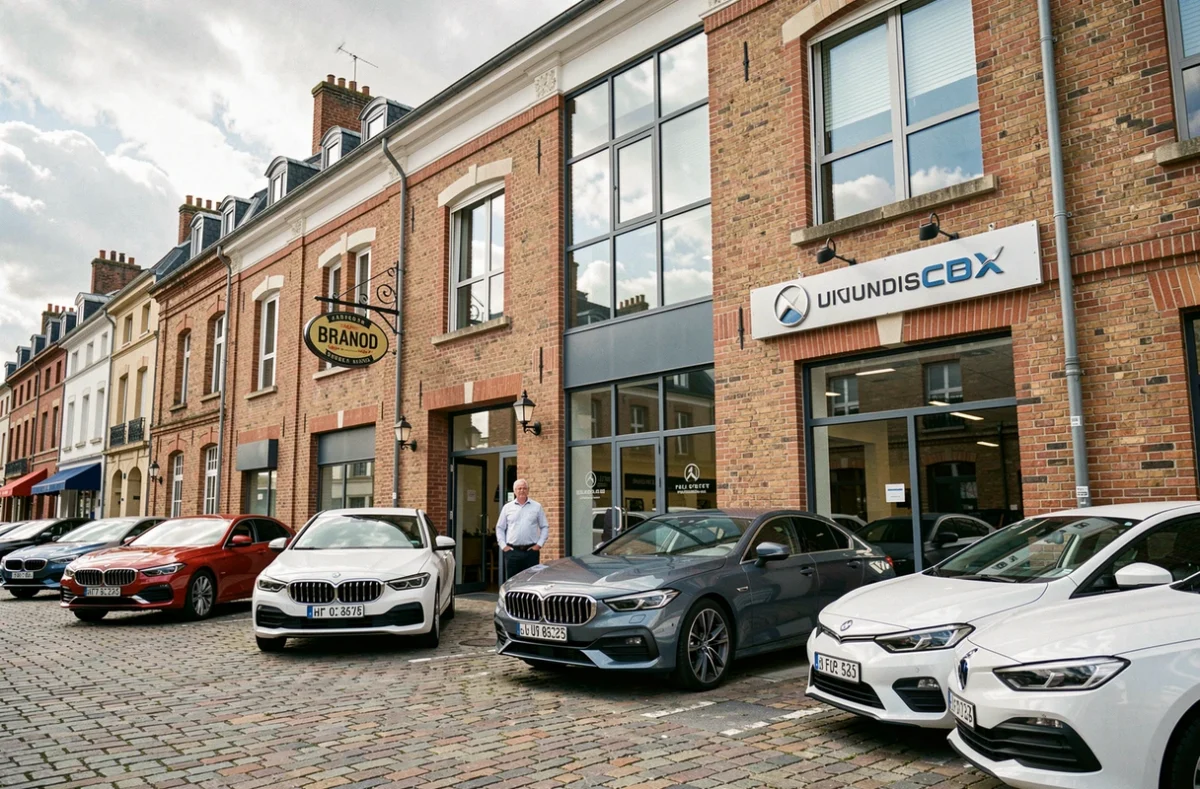 Façade historique du concessionnaire Lempereur Automobiles dans une ville du Nord, alliant architecture en briques et modernité avec des véhicules exposés devant l'entrée