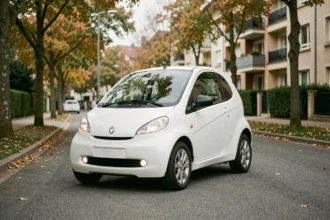 Ligier 4 places blanche garée dans une rue résidentielle française, vue en angle 3/4 avant mettant en valeur son design compact