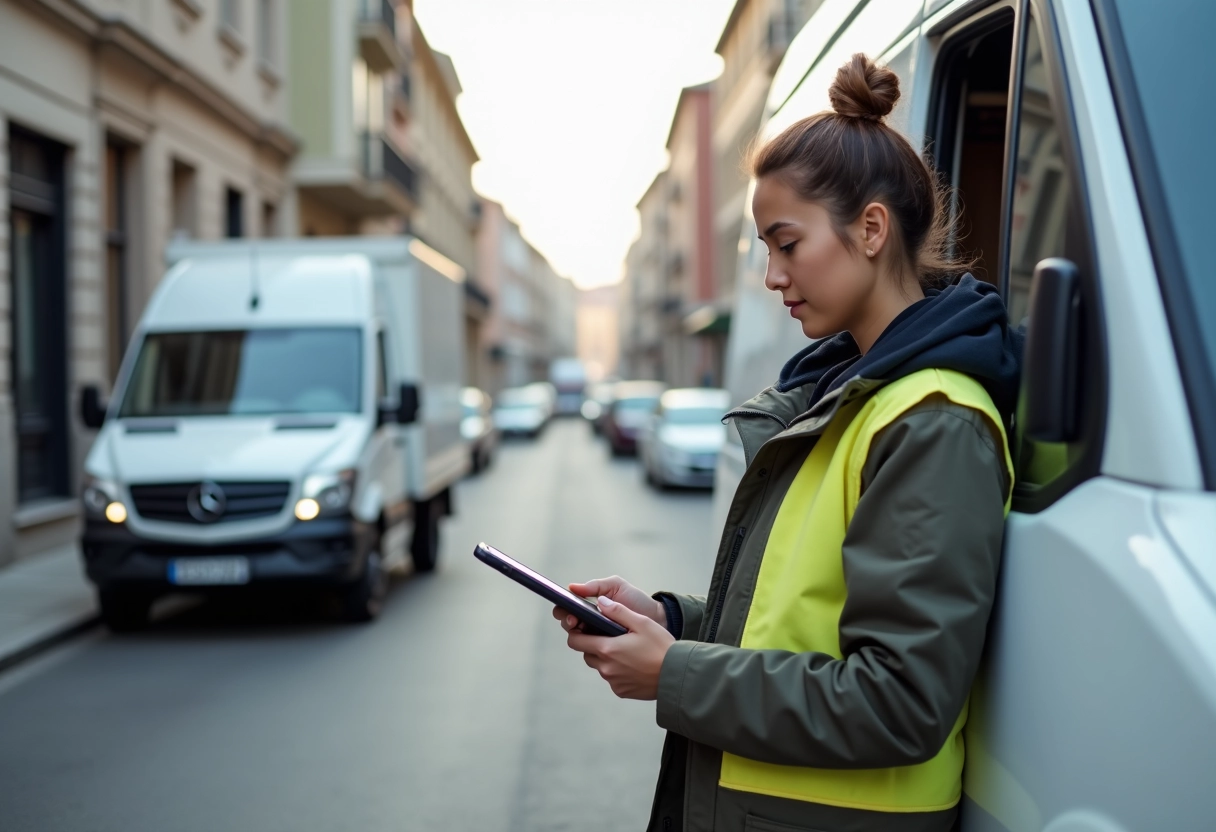 Jeune femme livreuse avec tablette devant un van en ville