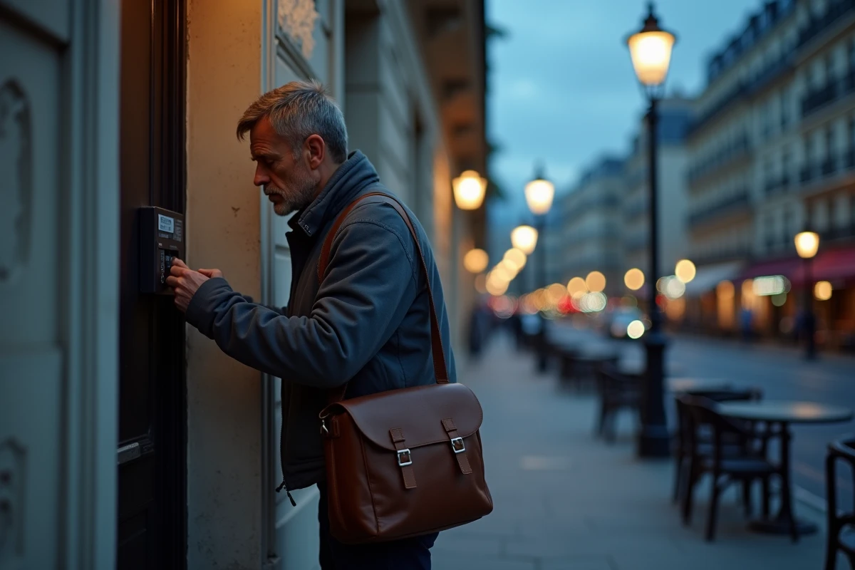 Livreur sonnant à l'interphone d'un immeuble parisien en fin de journée le dimanche soir