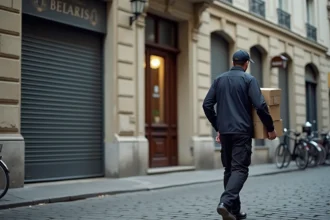 Livreur portant des colis devant un immeuble haussmannien à Paris un dimanche matin