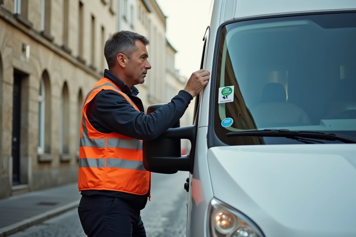 Livreur professionnel apposant une vignette Crit'Air sur le pare-brise d'un utilitaire blanc dans une rue de Rennes