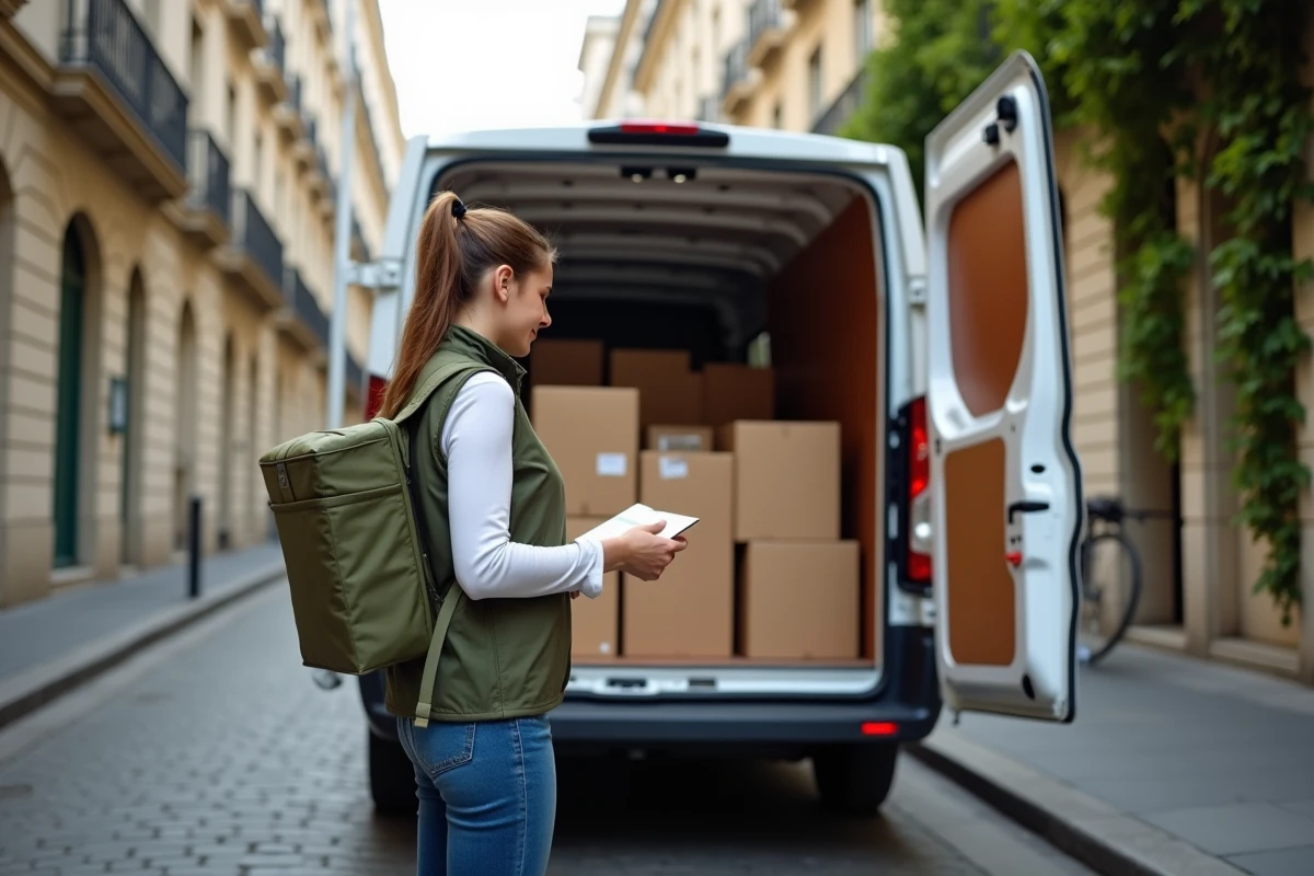 Livreuse scannant un colis depuis son camion de livraison dans une rue parisienne le dimanche